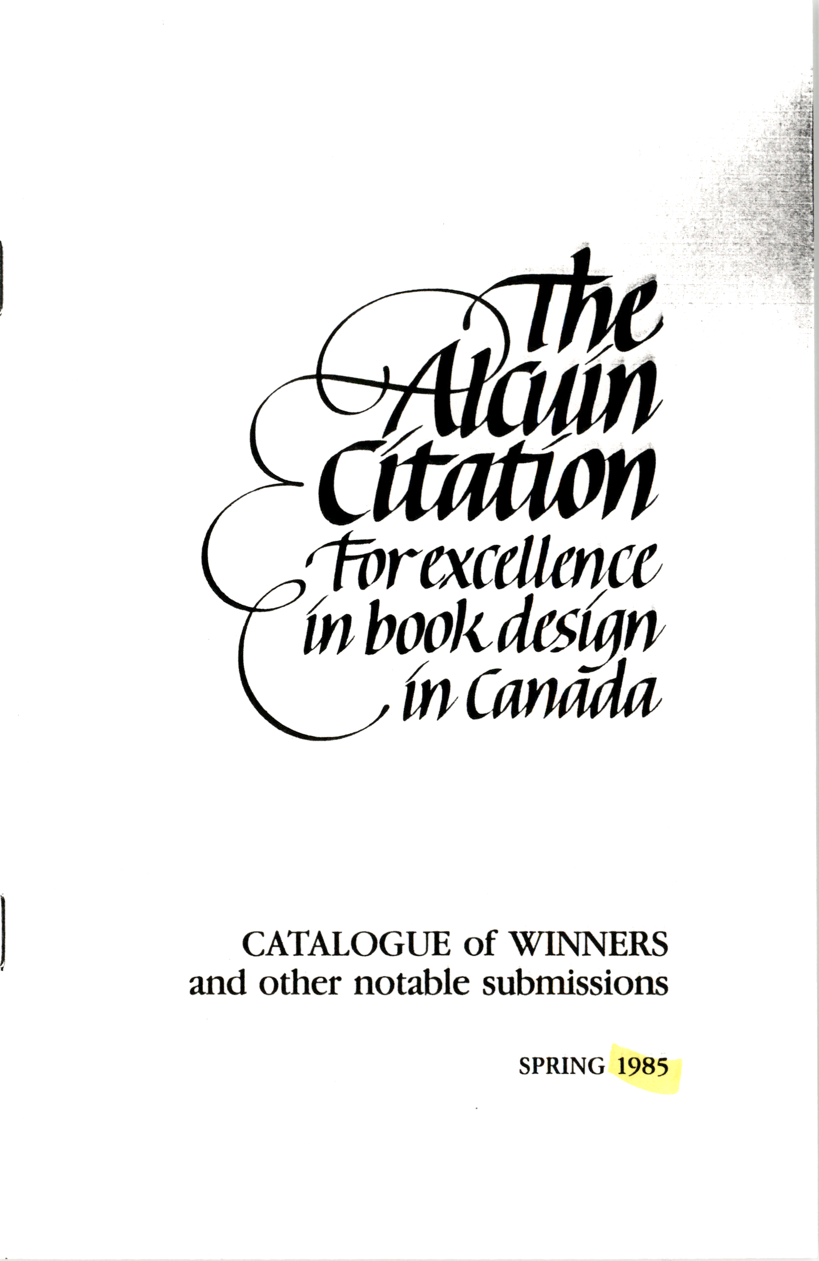 Cover page for 1985 Alcuin Award Winner Catalogue